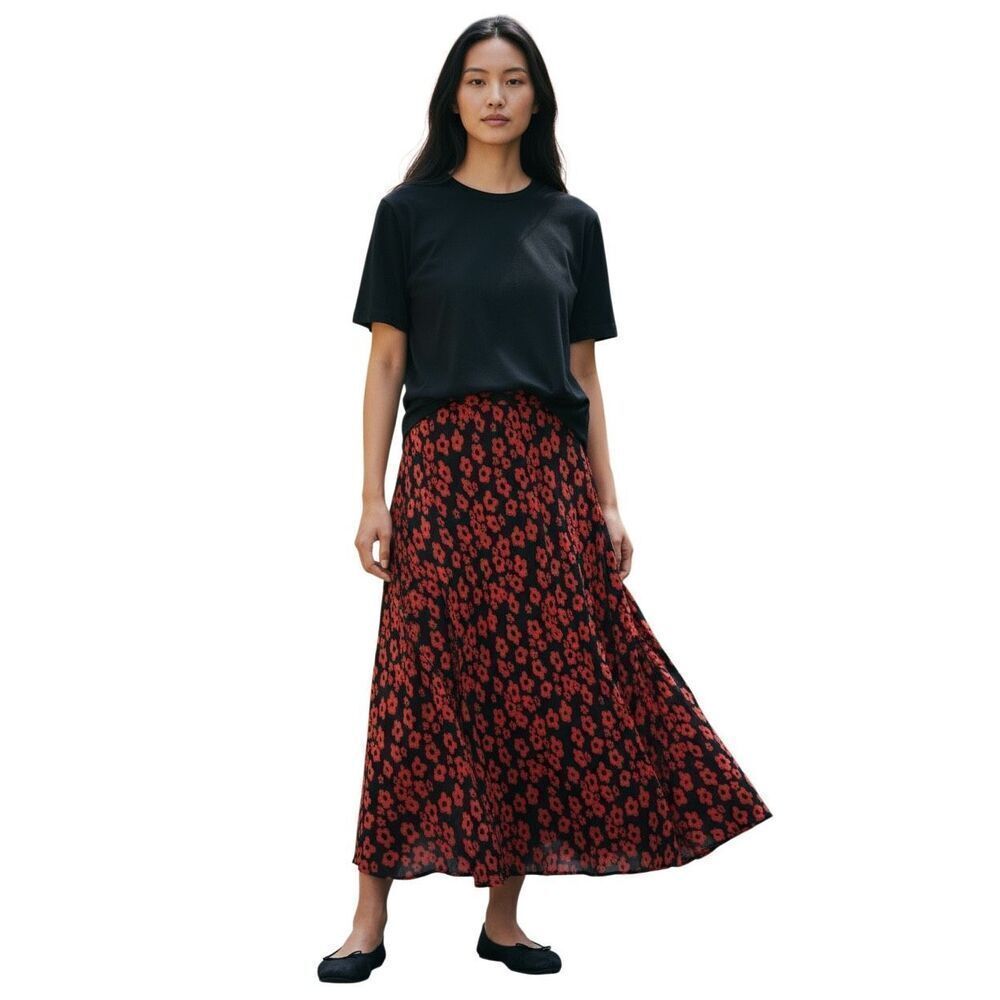 Vintage 90s Rayon Floral Maxi Skirt Black Red Boho S Reversible Floral Feminine
